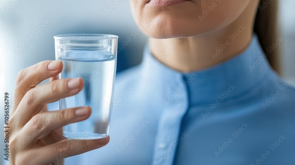 A close-up of a person in a blue shirt holding a clear glass of water, emphasizing hydration and wellness. A close-up of a person in a blue shirt holding a clear glass of water, emphasizing hydration and wellness.