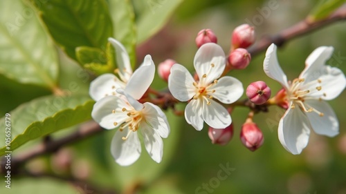 Close-up shot of delicate white blackthorn blossom on a Prunu Spinosa branch with soft focus background, garden, environment