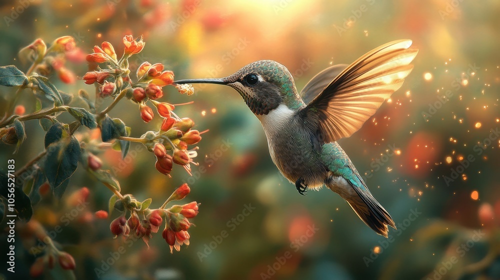 Naklejka premium Hummingbird feeding on vibrant flowers in a sunlit garden