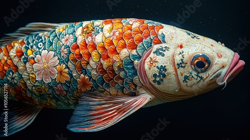 Vibrant Artistic Fish with Intricate Floral Patterns on Scales in Dark Underwater Setting photo