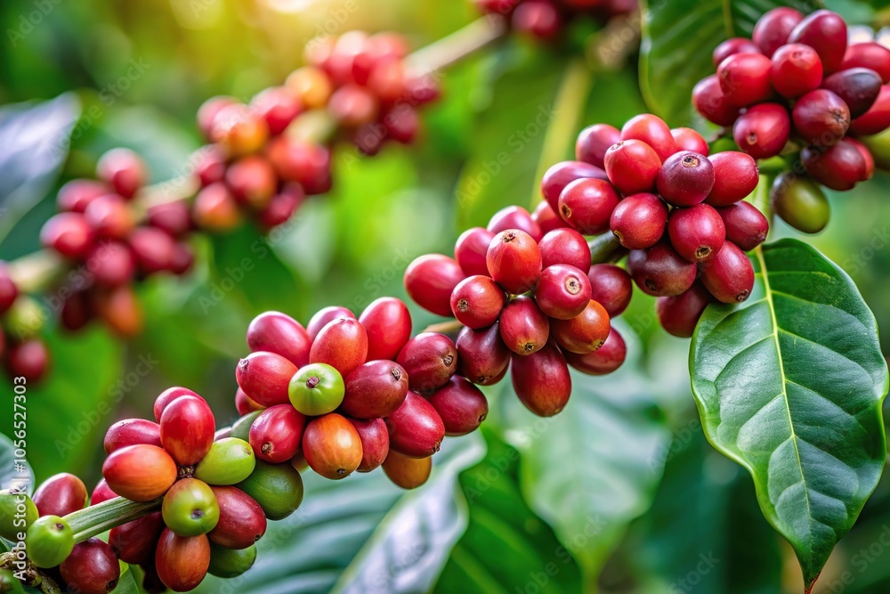 Coffee bean pods hanging from a tree branch, growth, pod, branch, leaves, coffee Coffee bean pods hanging from a tree branch, growth, pod, branch, leaves, coffee