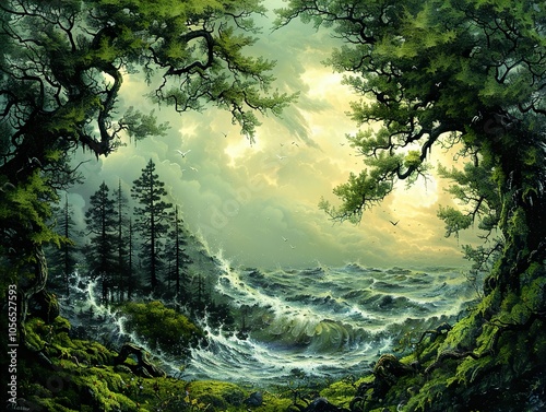 Dramatic Ocean Landscape with Trees and Stormy Waves