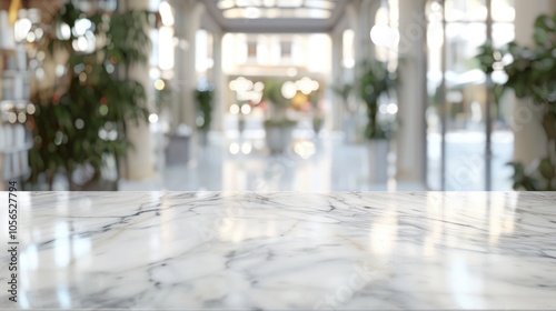 White marble table with blurred glass window background for product display.