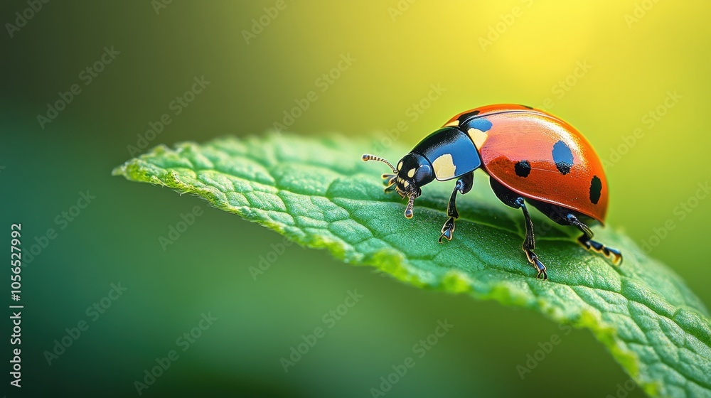 Naklejka premium Bright ladybug perched on a green leaf under soft sunlight