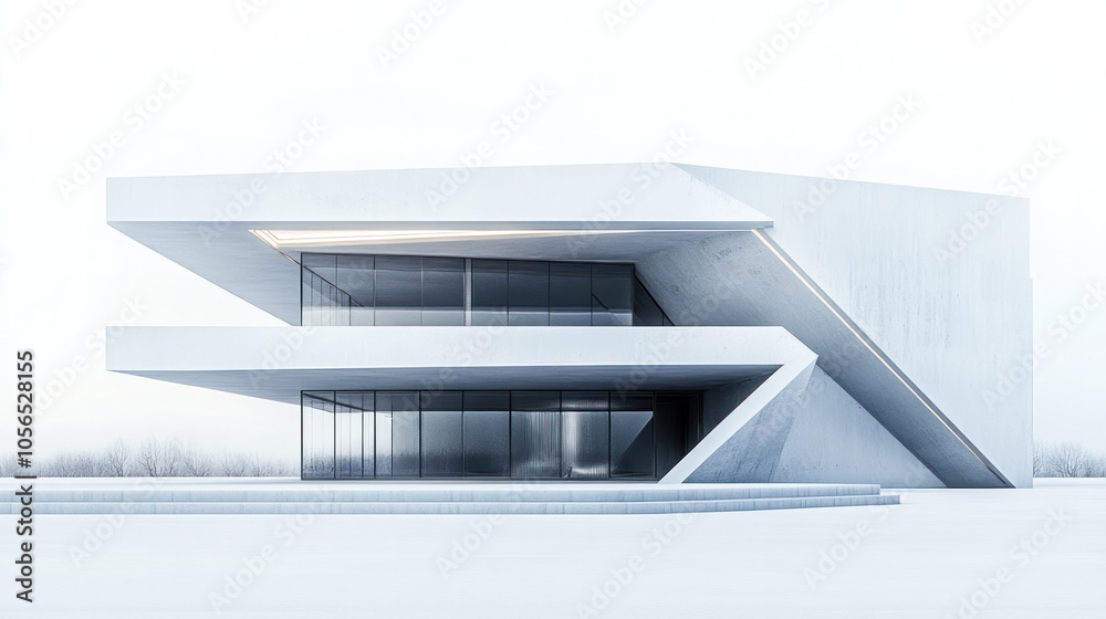 Modern minimalist white building with sharp edges and geometric shapes Modern minimalist white building with sharp edges and geometric shapes