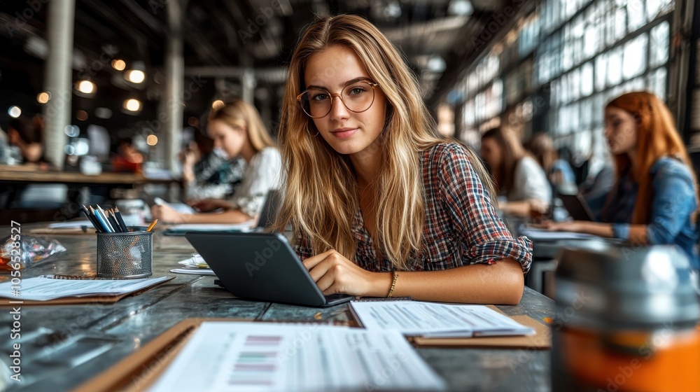 Young woman with glasses studies on a tablet in a modern, bustling workspace, surrounded by peers working on laptops and documents. Young woman with glasses studies on a tablet in a modern, bustling workspace, surrounded by peers working on laptops and documents.