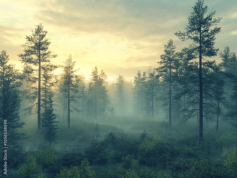 A misty forest at sunrise, with tall pine trees and a soft golden light filtering through the fog. A misty forest at sunrise, with tall pine trees and a soft golden light filtering through the fog.