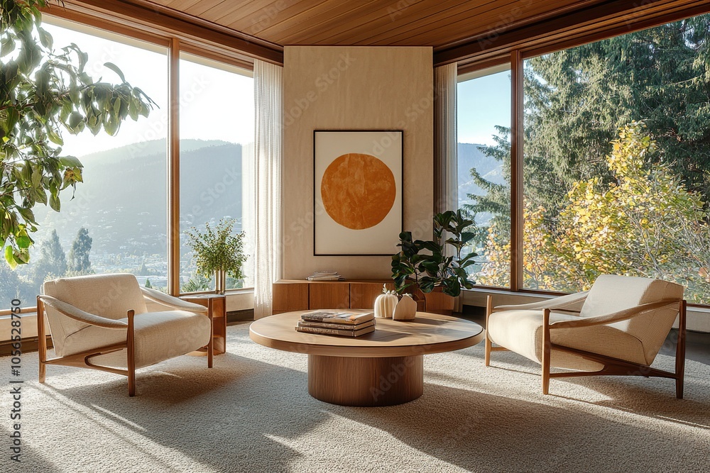 Fototapeta premium A modern living room with two armchairs, a coffee table, and large windows overlooking a mountain view.