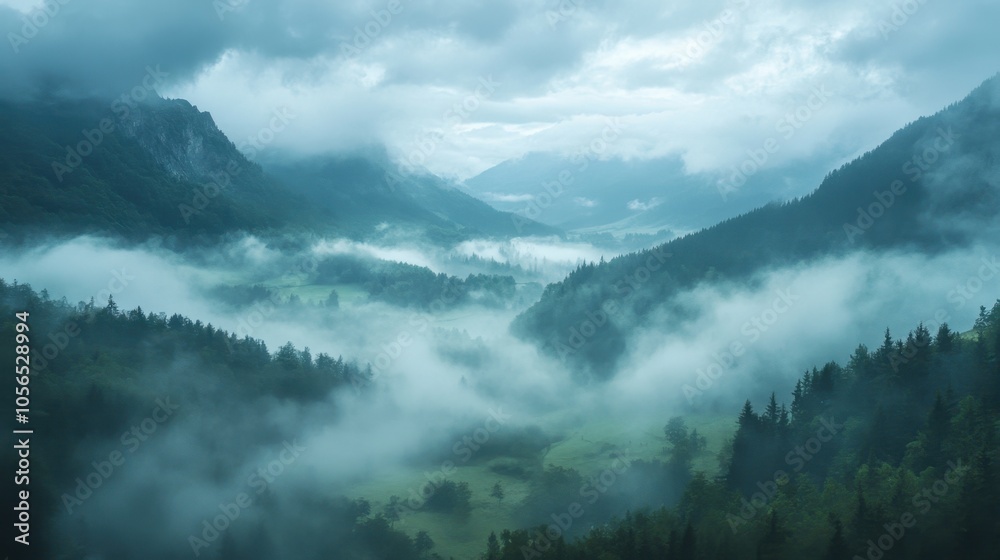 Misty valleys shrouded in fog surround mountains at dawn Misty valleys shrouded in fog surround mountains at dawn