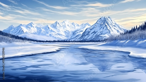 Snow-capped mountains and a frozen river landscape background. Frozen River. Illustration