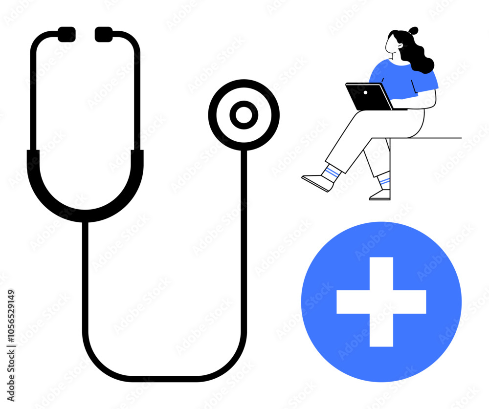 Healthcare stethoscope, person using laptop, and medical cross. Ideal for telehealth services, medical guidance, healthcare apps, patient support, online consultations, health innovation, remote Healthcare stethoscope, person using laptop, and medical cross. Ideal for telehealth services, medical guidance, healthcare apps, patient support, online consultations, health innovation, remote