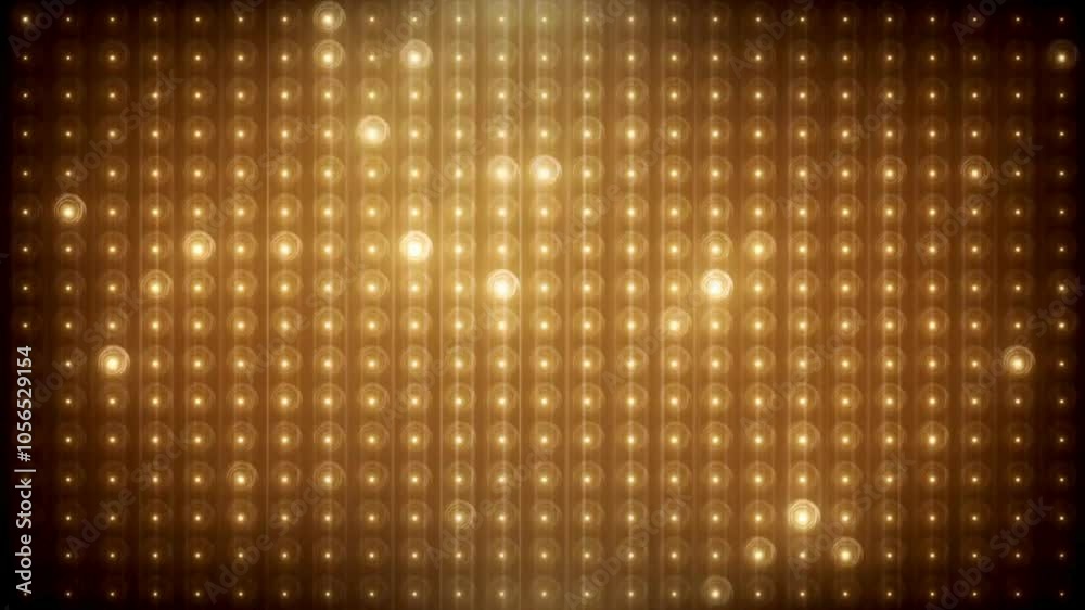 Golden disco lights background. Disco party glowing animation. VJ animation. Flicker wall lights. Night club, music video, LED screen and projector, glamour and fashion event, jazz, pop. 4k.
