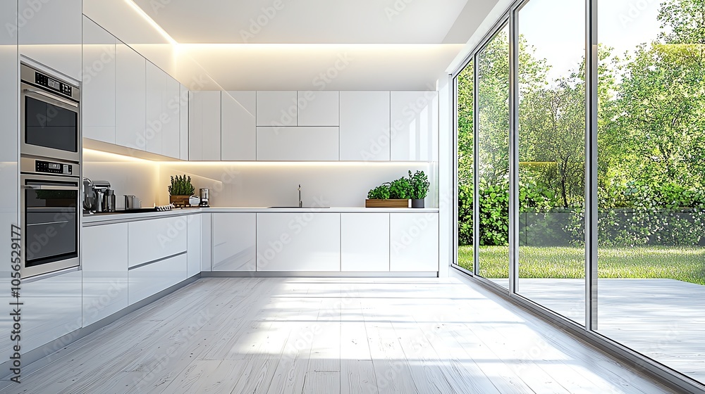 Fototapeta premium Modern kitchen with white cabinets and sleek appliances, overlooking a green garden through large windows.
