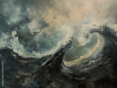 Abstract Ocean Wave Painting: Stormy Sea Landscape