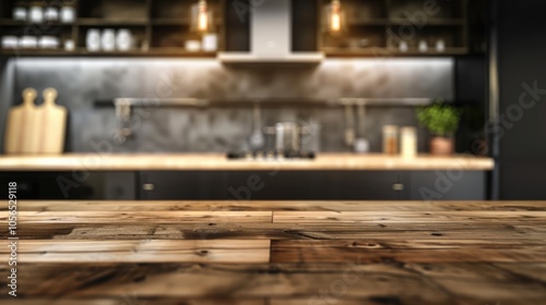 Blurred modern kitchen backdrop with a lovely empty wooden surface for product showcase.