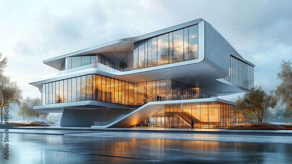 Fototapeta premium Modern architectural design with large glass windows and unique shapes.