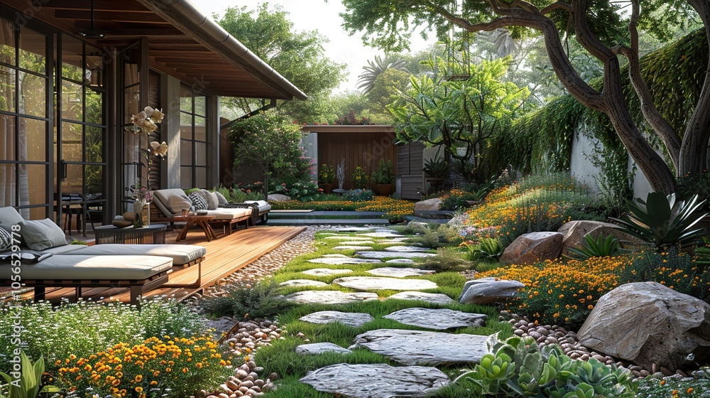 Fototapeta premium Modern Garden Design with Stone Path and Lush Greenery