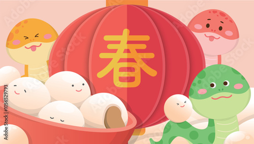Poster for Chinese Lantern Festival or New Year, snake and glutinous rice balls, big red lantern, Asian traditional food, translation: Spring