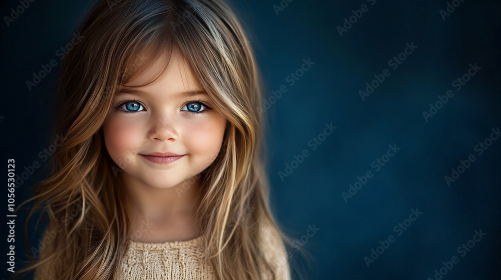 A portrait of an adorable little girl with long hair and blue eyes in dark background A portrait of an adorable little girl with long hair and blue eyes in dark background