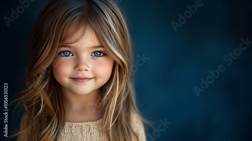 A portrait of an adorable little girl with long hair and blue eyes in dark background