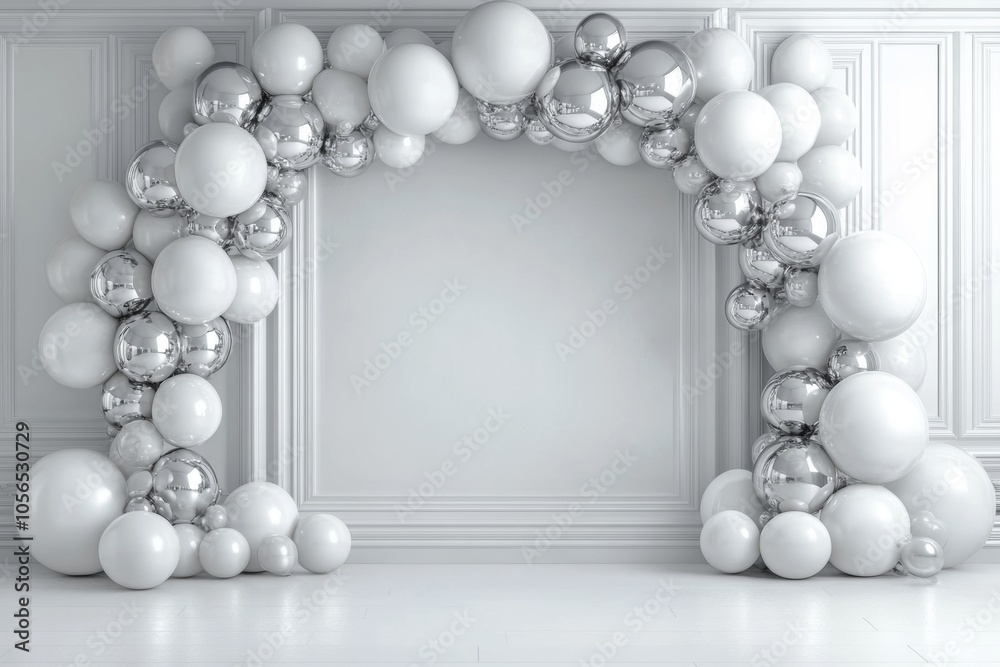 Elegant white and silver balloon arch in a clean room for a refined celebration Elegant white and silver balloon arch in a clean room for a refined celebration