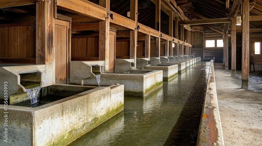 Rustic Water Troughs in a Traditional Wooden Structure Rustic Water Troughs in a Traditional Wooden Structure