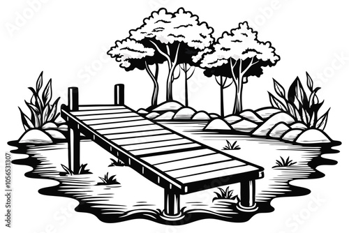 Black and white wooden landing stage river, Steg Flus, illustration on white background.