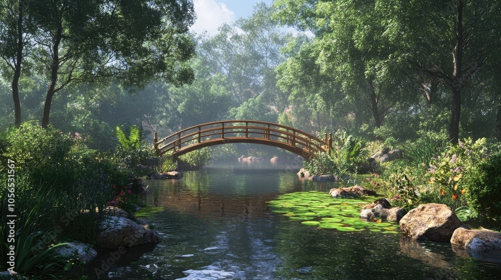 Serene Bridge Over a Tranquil Garden Pond Serene Bridge Over a Tranquil Garden Pond