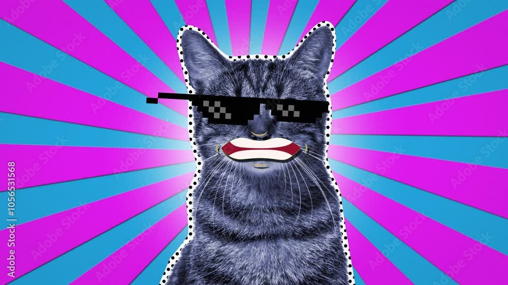 A retro cat in sunglasses shoots lasers out of his eyes. Power beams to fight evil. Disco animation for VJ. Contemporary minimal motion art. Neon background