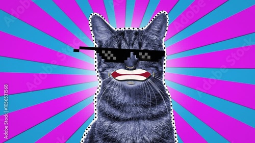 A retro cat in sunglasses shoots lasers out of his eyes. Power beams to fight evil. Disco animation for VJ. Contemporary minimal motion art. Neon background