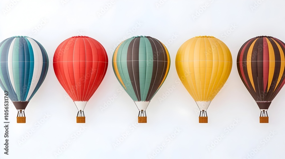 A panoramic view of multiple hot air balloons with vibrant eye catching color schemes isolated on a pristine white background The balloons are floating gracefully A panoramic view of multiple hot air balloons with vibrant eye catching color schemes isolated on a pristine white background The balloons are floating gracefully