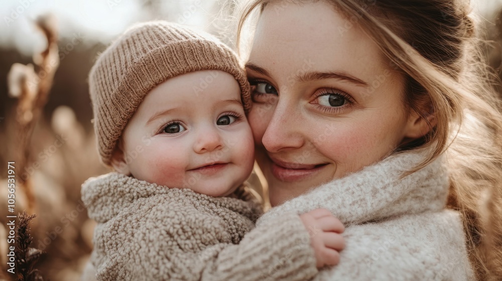 Mother lovingly holds baby outdoors in a serene autumn setting Mother lovingly holds baby outdoors in a serene autumn setting
