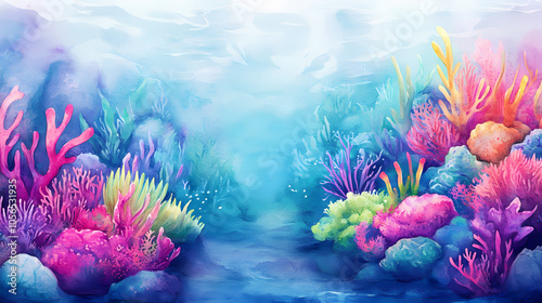 Fototapeta Naklejka Na Ścianę i Meble -  Watercolor abstract coral reef with diverse marine life. Coral Reef at Dawn. Illustration