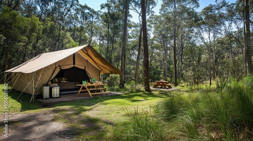 Serene Camping Setup in a Lush Forest Environment