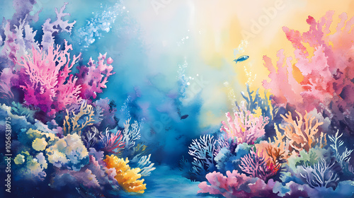 Fototapeta Naklejka Na Ścianę i Meble -  Watercolor abstract coral reef with diverse marine life. Coral Reef at Dawn. Illustration