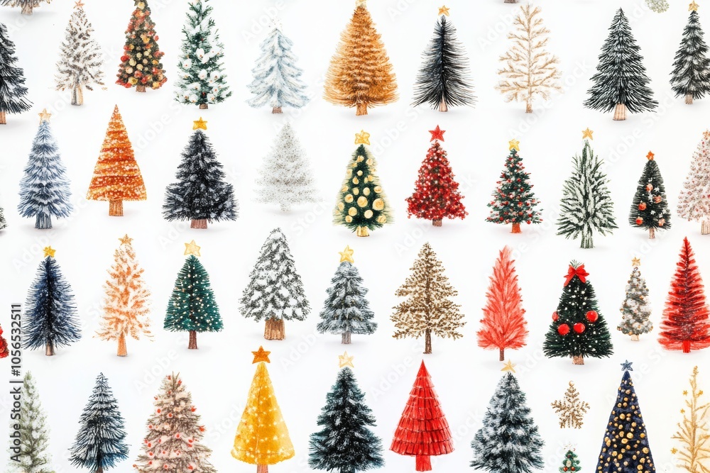 Colorful seamless pattern of Christmas trees in varied styles on a white background perfect for festive decor Colorful seamless pattern of Christmas trees in varied styles on a white background perfect for festive decor