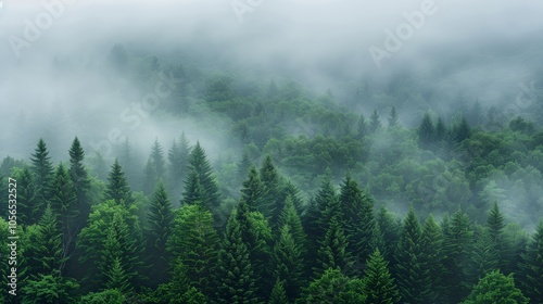 A dense forest of evergreen trees shrouded in mist, with the tops peeking through the foggy sky.