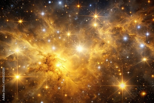 Glowing golden nebula with starry patterns and interstellar dust, celestial wonder, stellar explosion