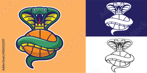 mascot snake with basketball good for logo, team logo, sport logo, sticker, etc