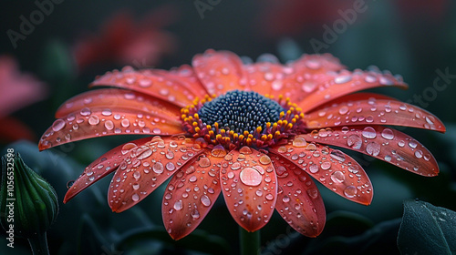 red flower with dew drops