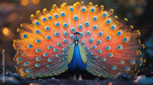 Colorful peacock displaying its vibrant feathers at sunset