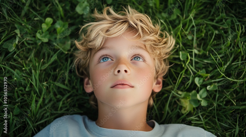 Young boy laying in grass, looking up, with thoughtful expression. Young boy laying in grass, looking up, with thoughtful expression.