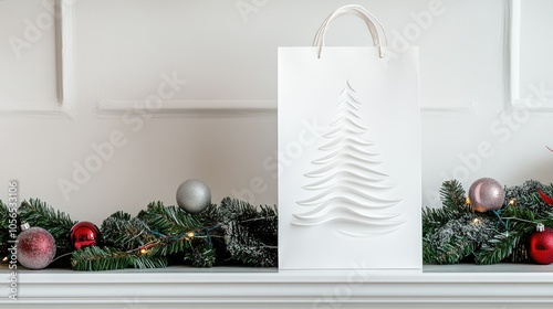 Elegant Christmas Bag on Festive Mantel Decoration photo