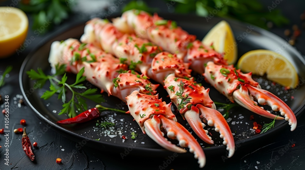 Photo of king crab legs on black plate, decorated with lemon and red chili pepper, on dark background, with greenery Photo of king crab legs on black plate, decorated with lemon and red chili pepper, on dark background, with greenery
