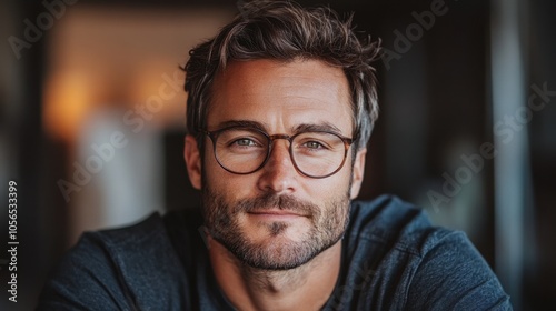 Portrait of a smiling man with glasses in a cozy indoor setting