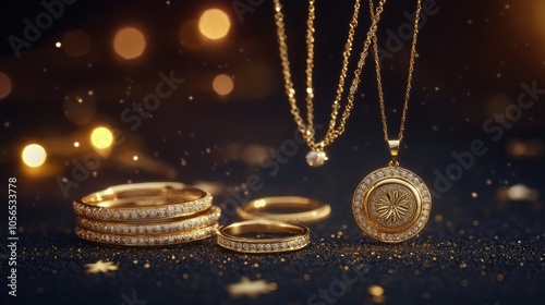 A striking collection of shimmering gold jewelry glows in a dimly lit environment, perfect for capturing the essence of elegance and style.