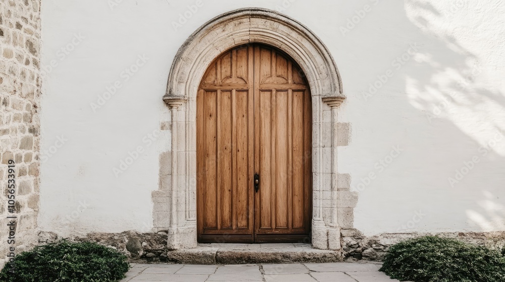 Fototapeta premium A sturdy, weathered wooden door nestled in a stone archway, with a clean white wall providing contrast for a rustic architectural scene.