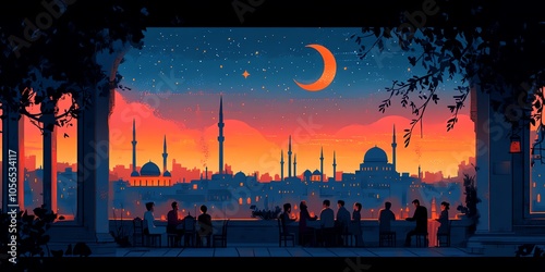 Silhouette of people enjoying the view of a city skyline with a crescent moon and stars at sunset. photo