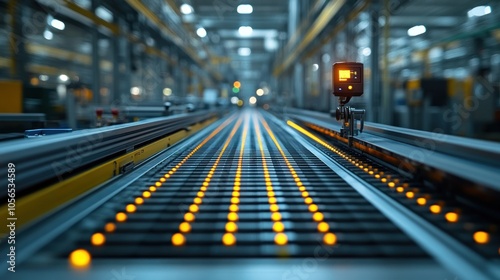 Industrial conveyor system with illuminated indicators in a factory.