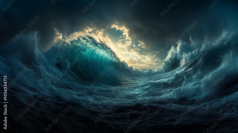 Fototapeta premium The spectacular scene seen from the wave tube of the giant waves, vivid blue and emerald green water splashing everywhere. Sunlight shines through the water, creating astonishing natural wonders.